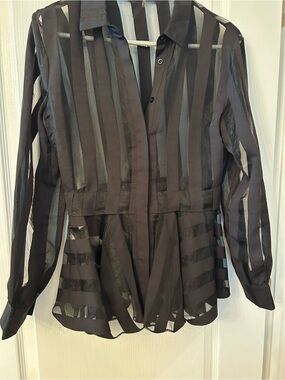 Gracia Black Sheer Striped Button-Down Peplum Top